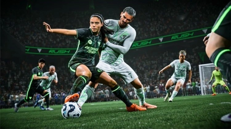 نمای بازی EA Sports FC 25 در حال پاس‌دهی بازیکنان و گیم‌پلی فوتبال واقعی