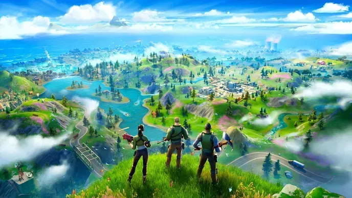 فضای جهان فوتنایت با شخصیت اصلی fortnite در حال فرود با چتر و ورود به بازی