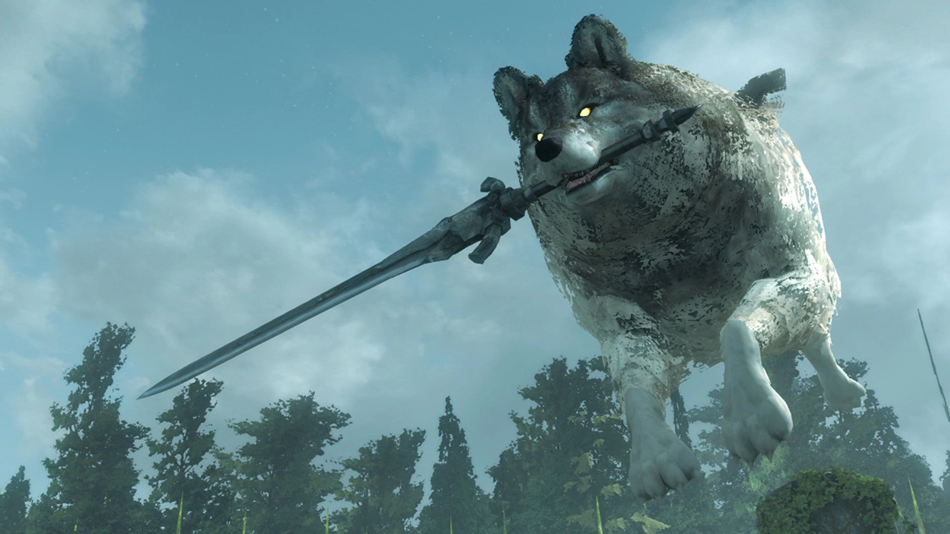 صحنه گرگ غول پیکر در بازی skyrim در حال حمل شمشیر با دندان