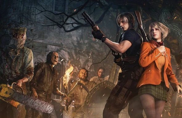 صحنه تاریک از بازی resident evil 4 remake که لیان اس کندی در حال مبارزه با چند زامبی در حال حمله