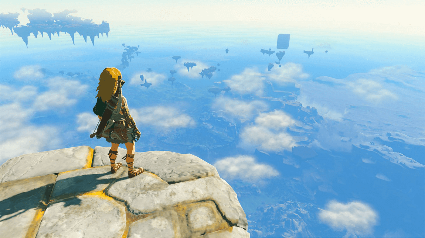 شخصیت اصلی بازی Zelda: Tears of the Kingdom با فضای ماجراجویانه و دنیای فانتزی Hyrule در لبه پرتگاه