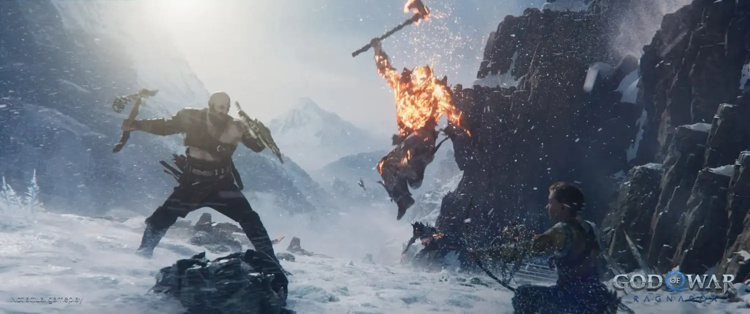 شخصیت اصلی بازی God of War Ragnarok در حال مبارزه با غول اتشین در کوهستان برفی 