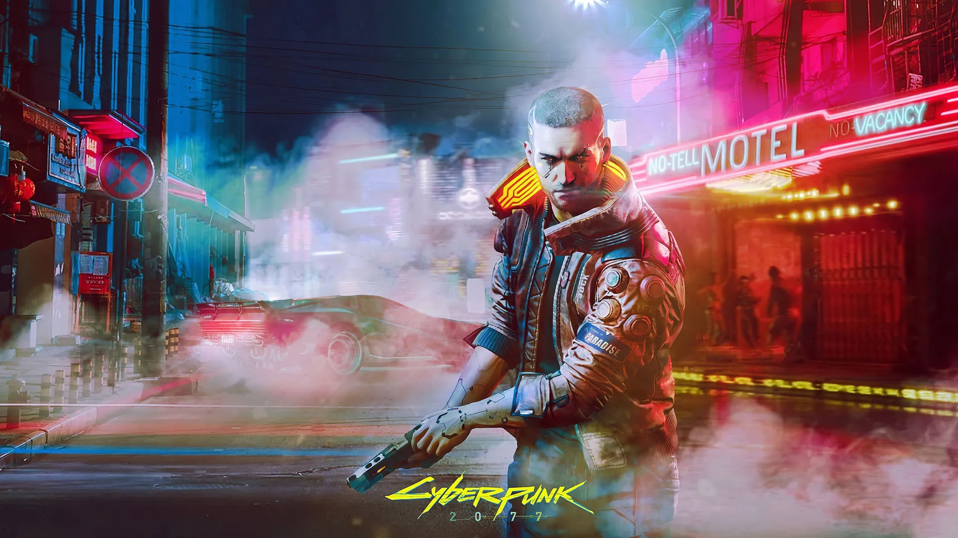 تصویری سینماتیک از کارکتر اصلی بازی Cyberpunk 2077 اسلحه در دست در قضایی مه آلود