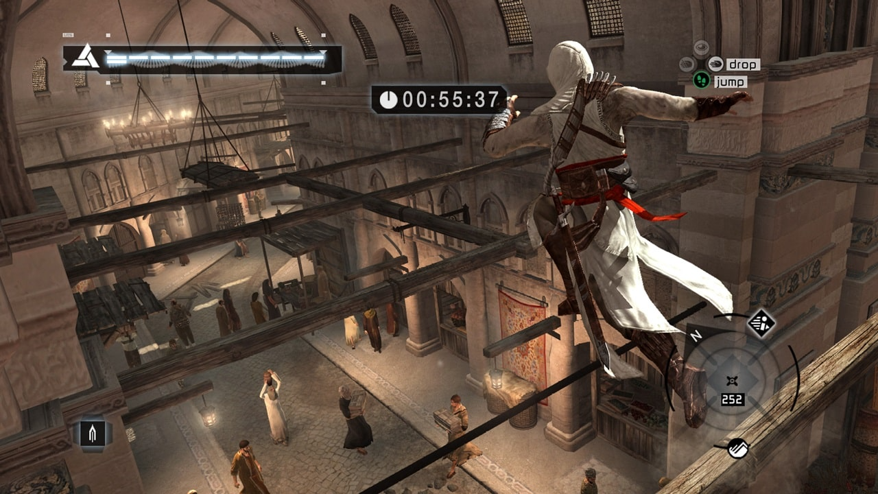 حرکت مخفیانه الطائر روی تیرهای چوبی در بازار شلوغ دمشق در بازی Assassin’s Creed 1