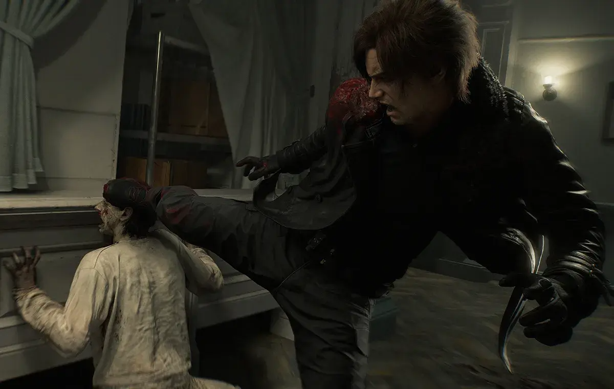 کاراکتر مسلح بازی Resident Evil 9: Requiem درحال وارد کردن ضربه سنگین به دشمن در محیطی تاریک و پرتنش با فضای ترسناک و سینمایی