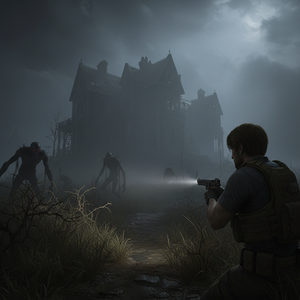 نمایی از گیم‌پلی بازی Resident Evil 9 Requiem با حضور کارکتر اصلی لیان اس کندی در محیطی مه‌آلود و تاریک با گرافیک نسل نهمی RE Engine