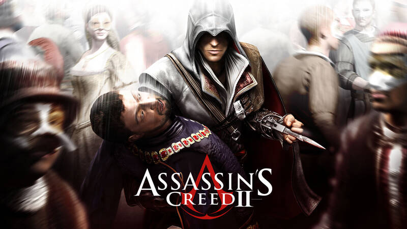 کاور رسمی بازی Assassin’s Creed II با تصویر Ezio Auditore و هیدن بلید در میان جمعیت کارناوال ونیز
