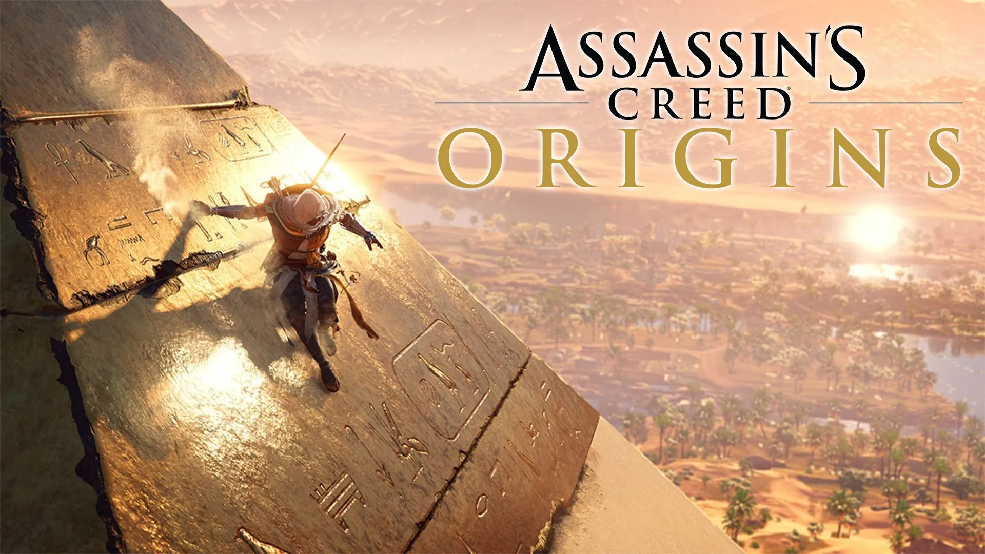 پوستر رسمی بازی Assassin’s Creed Origins؛ بایک در حال تماشای غروب مصر باستان از بالای هرم