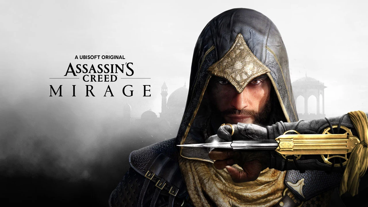 پوستر رسمی بازی Assassin’s Creed Mirage؛ بسیم ابن اسحاق با هیدن بلید در پس‌زمینه بغداد