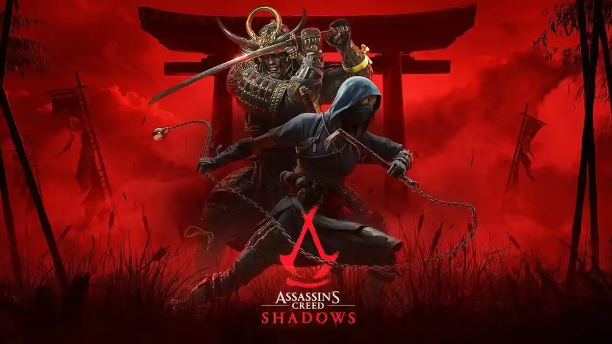 پوستر رسمی بازی Assassin’s Creed Shadows؛ نمایش شخصیت‌های نائوئی (شینوبی) و یاسوکه (سامورایی) در تم قرمز