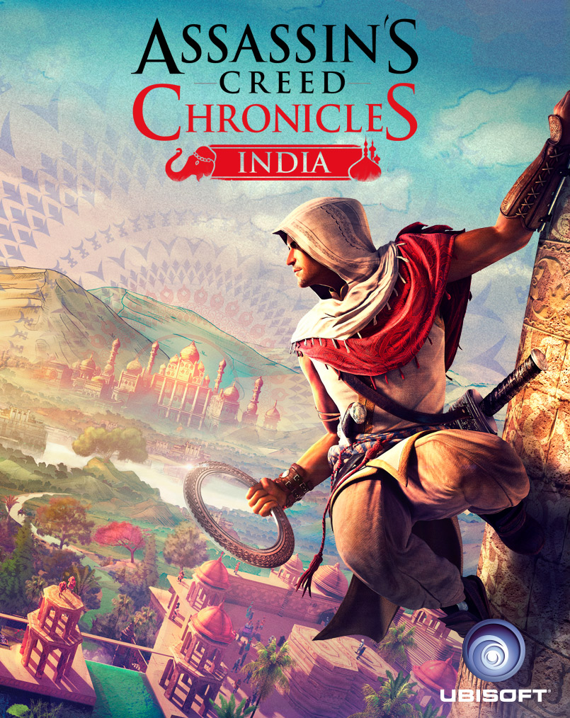 کاور رسمی بازی Assassin’s Creed Chronicles India؛ آرباز میر با سلاح چاکرام در حال بالا رفتن از معبد هند