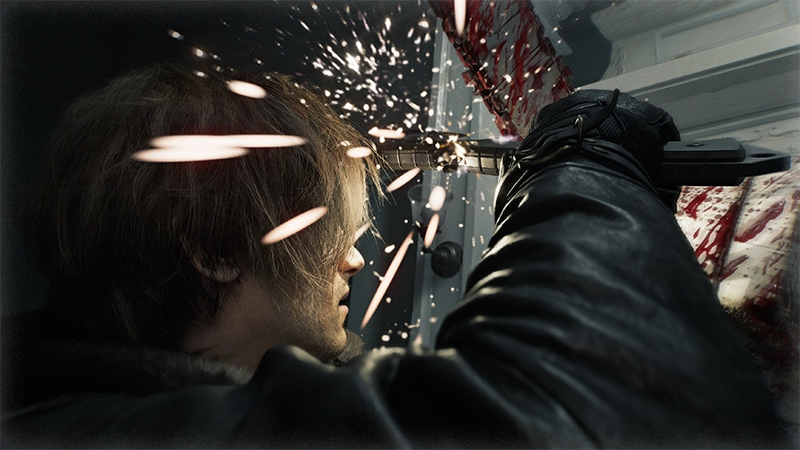 لئون اس کندی در حال دفاع با چاقو در مقابل حمله دشمن با اره‌برقی در گیم‌پلی Resident Evil 9