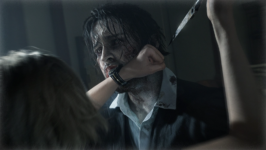 مبارزه کاراکتر زن (گریس) با یک زامبی و فرد مبتلا در گیم‌پلی بازی Resident Evil 9