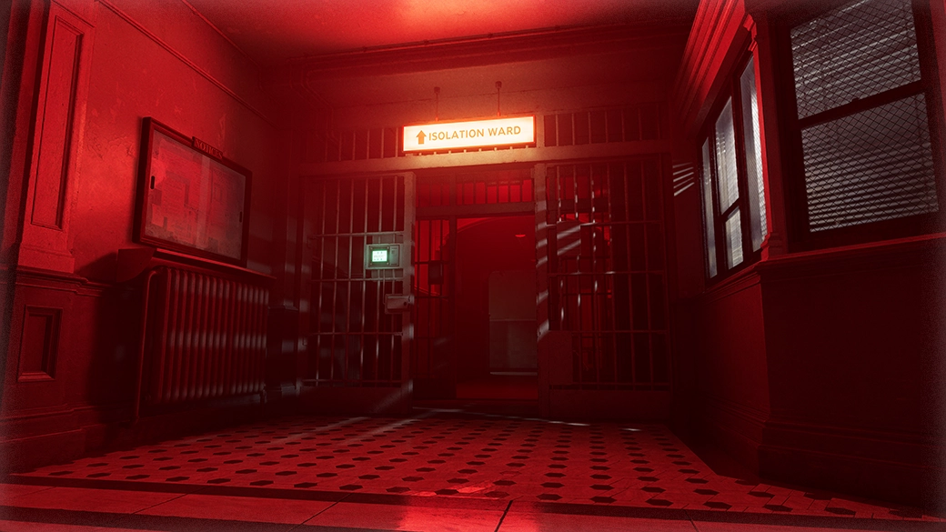 بخش قرنطینه (Isolation Ward) با نورپردازی اضطراری قرمز در لوکیشن تیمارستان یا بیمارستان رزیدنت اویل ۹