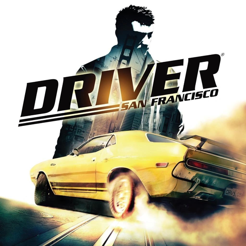 پوستر بازی Driver San Francisco با نمایش دوج چلنجر زرد رنگ و شخصیت جان تنر