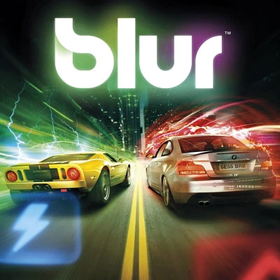 پوستر بازی اتومبیل رانی Blur با نمایش مسابقه فورد جی تی و بی ام و به همراه پاورآپ صاعقه